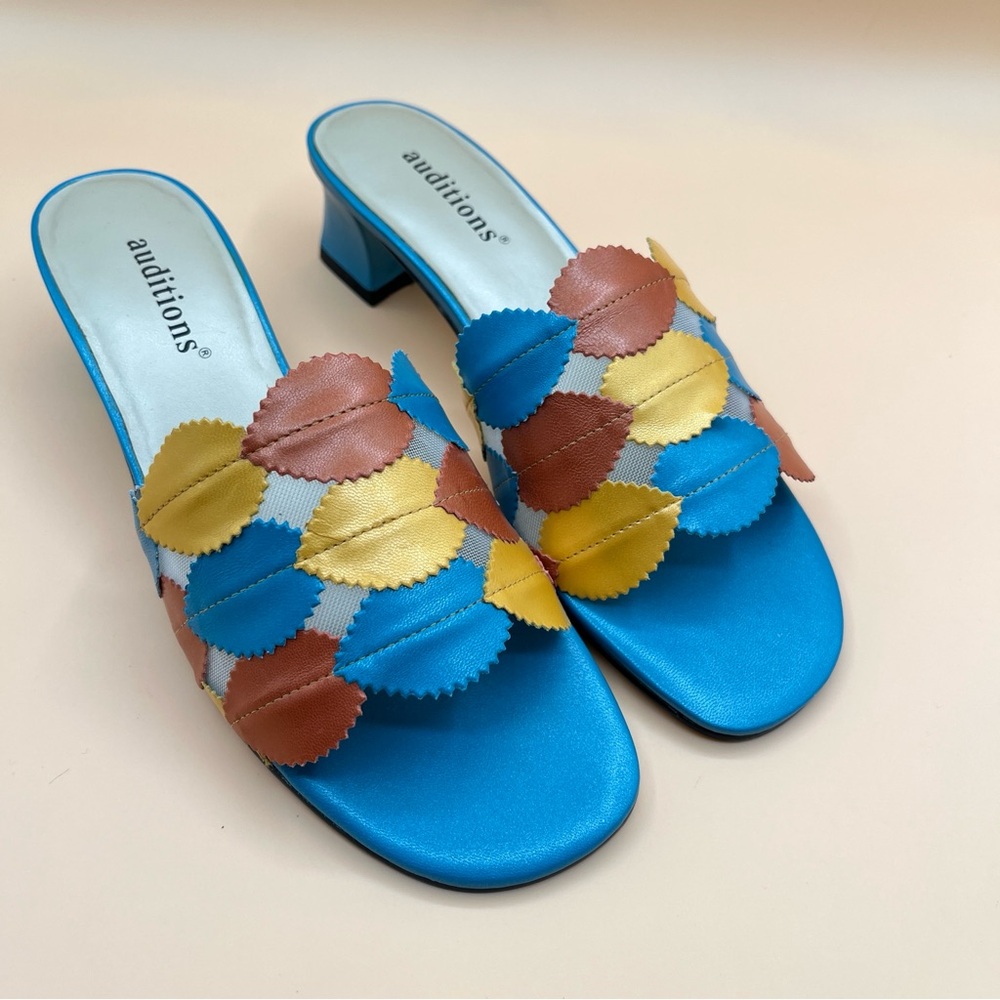 NEW-Auditions Sandals Blue Yellow Brown Patchwork Leather Women’s 8M Block Heel